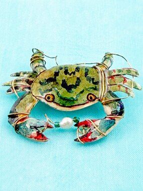 Artisan Hand-Painted Blue Crab Brooch Pendant with Pearl & Wire Wrap Accent